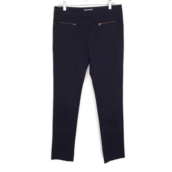 Trenery Navy Slim Fit Trousers Gold Zipper Pockets Womens 10 Business Casual - Picture 1 of 6